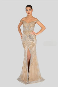 Elegant Terani Couture Evening Gown with Metallic Beaded Lace Appliqués | Perfect for Evening Events and Mother of the Bride/Groom | Madeline's Boutique - Toronto and Boca Raton, Florida Locations.  Model is wearing gold.