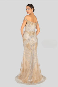 Elegant Terani Couture Evening Gown with Metallic Beaded Lace Appliqués | Perfect for Evening Events and Mother of the Bride/Groom | Madeline's Boutique - Toronto and Boca Raton, Florida Locations.  Model is wearing gold.