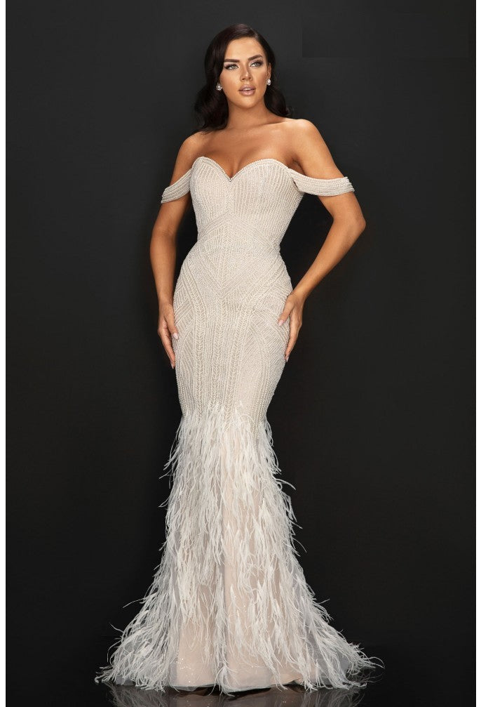 Terani 2011GL2175 Off-Shoulder Gown with Pearls, Beading, and Feathered Skirt, Perfect for Evening Events