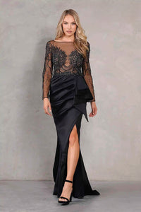 Stunning black evening dress by Terani with sheer embellished bodice and draped satin skirt | Madeline's Boutiqu