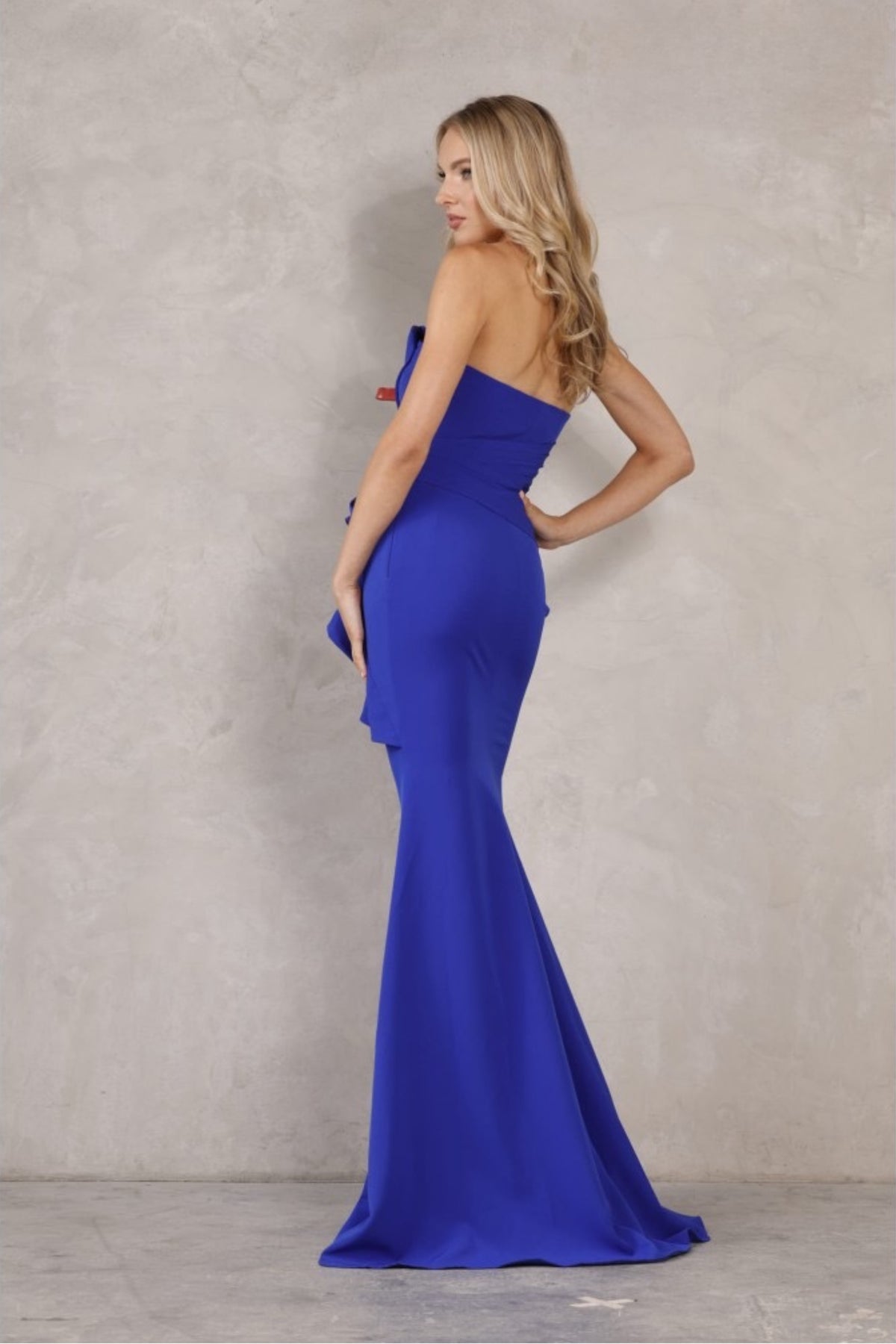 Terani 2214E0165 Strapless Peplum Evening Dress, elegant gown in 2-way stretch satin, perfect for evening events and mother of the bride occasions.