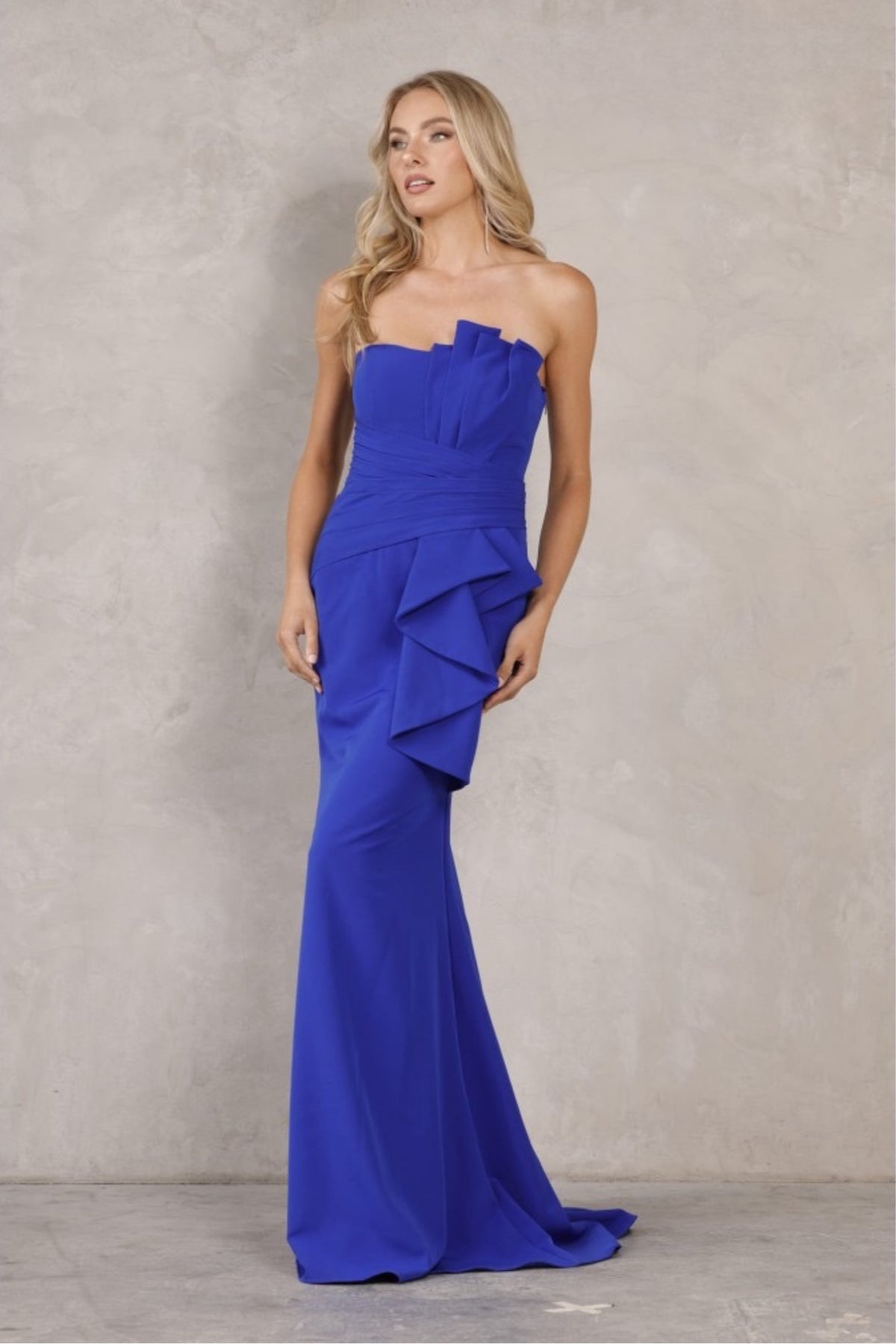 Terani 2214E0165 Strapless Peplum Evening Dress, elegant gown in 2-way stretch satin, perfect for evening events and mother of the bride occasions.