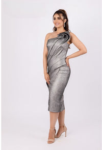 TERANI - 232C1138 - Tea Length Shiny Metallic Bodycon Sleeveless Dress