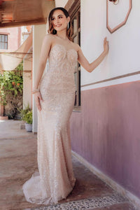 Elegant Terani Couture Prom Dress with Sparkly Embroidery | Perfect for Prom | Madeline's Boutique - Toronto and Boca Raton, Florida Locations.  Picture of Model wearing nude..