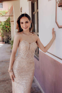 Elegant Terani Couture Prom Dress with Sparkly Embroidery | Perfect for Prom | Madeline's Boutique - Toronto and Boca Raton, Florida Locations.  Picture of Model wearing nude.