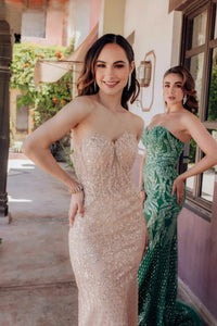 Elegant Terani Couture Prom Dress with Sparkly Embroidery | Perfect for Prom | Madeline's Boutique - Toronto and Boca Raton, Florida Locations.  Available in Nude and Emerald.