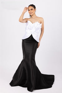 Terani 232E1287 Sleeveless Mermaid Evening Gown in Black Mikado - A sophisticated and elegant evening gown featuring a sleeveless mermaid silhouette, structured White petal bodice, and a sleek black mikado skirt.