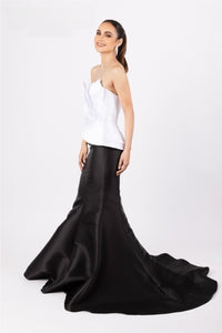 Terani 232E1287 Sleeveless Mermaid Evening Gown in Black Mikado - A sophisticated and elegant evening gown featuring a sleeveless mermaid silhouette, structured White petal bodice, and a sleek black mikado skirt.