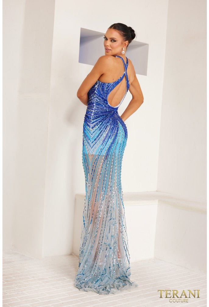 Terani 241GL2679 Ombre Beaded Halter Neck Evening Gown - A captivating gown with a bodycon silhouette, halter neck, and Ombre effect created by royal blue and light blue beaded and sequin embellishments. Ideal for prom and evening formal events.  The model is wearing the dress in Royal Ombre.