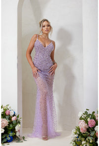 Terani 241P2071 Sparkling Plunge Neckline Evening Gown - A daring and sophisticated gown with a plunging neckline, bodycon silhouette, and sparkling embellishments. Ideal for prom and evening formal events. The model is wearing the dress in the color gunmetal.