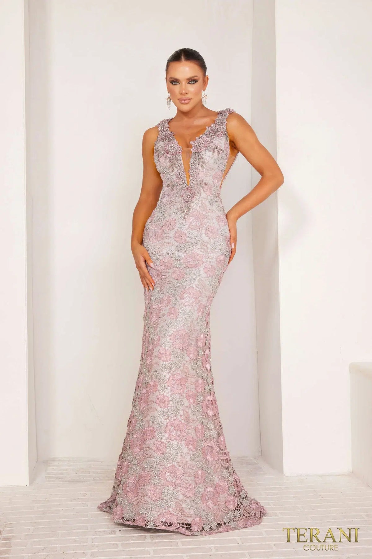 Terani 241E2410 - A sparkling rose floral embroidery trumpet evening gown, perfect for making a sophisticated statement at special events.