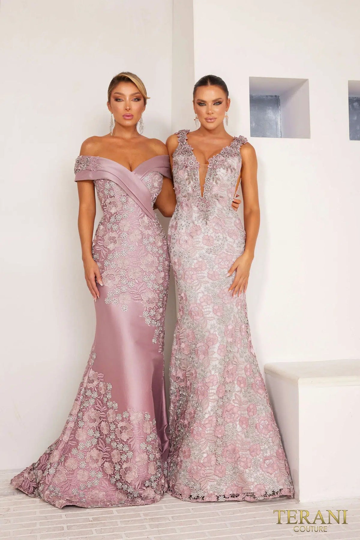 Terani 241E2410 - A sparkling rose floral embroidery trumpet evening gown, perfect for making a sophisticated statement at special events. The other dress in the picture is Terani 241M2701.