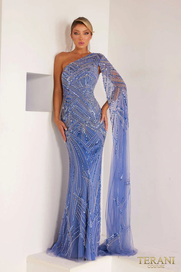 Terani - 241GL2634: One Shoulder Crystal Embellished Evening Dress