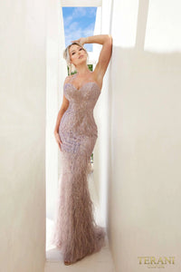 Terani - 241P2218: Alluring Feather-Adorned Bodycon Evening Gown