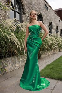 Model wearing Terani Couture 251E4231 one-shoulder gown with ruffle detail and floor-length silhouette