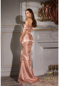 Model wearing Terani 252E5162 off-shoulder gown with draped bodice, rosette detail at hip, and fit-and-flare silhouette.  Model is wearing the color champagne.  Back view of the dress.