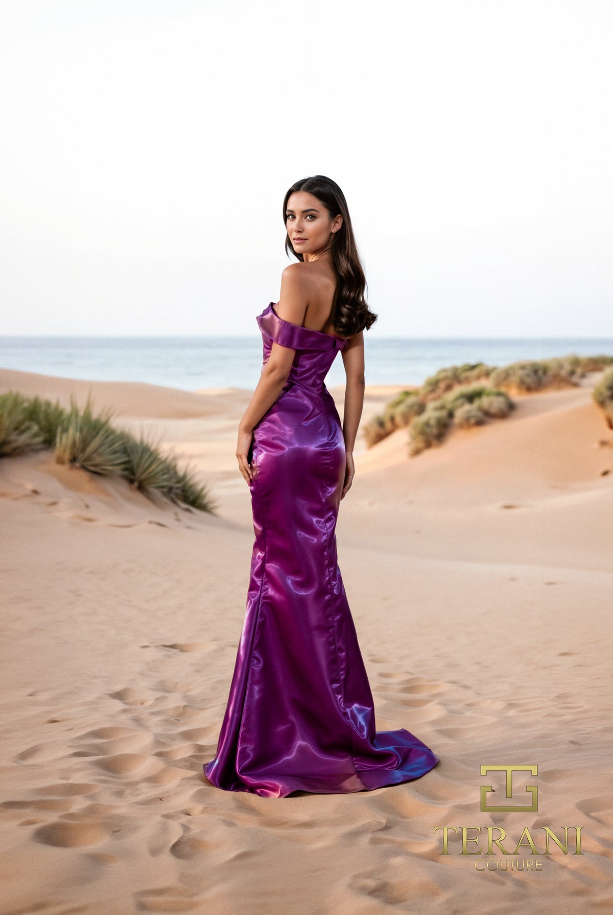 Model wearing Terani 252E5162 off-shoulder gown with draped bodice, rosette detail at hip, and fit-and-flare silhouette.  Model is wearing the color plum.  This is a back view of the dress.
