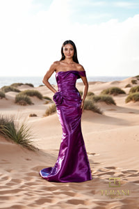 Model wearing Terani 252E5162 off-shoulder gown with draped bodice, rosette detail at hip, and fit-and-flare silhouette.  Model is wearing the color plum.  This is a front view of the dress.