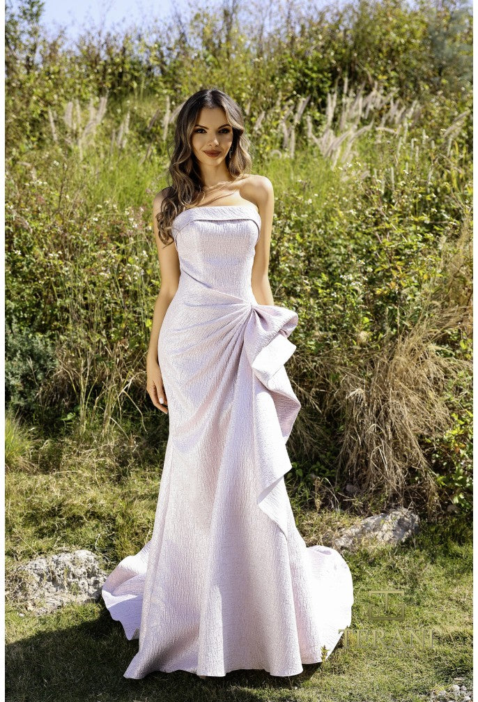 Model wearing Terani 252E5200 strapless metallic jacquard fit and flare gown with side draping detail.  Model is wearing rose pink.