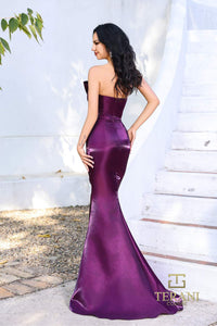 Model wearing Terani 252E5513 one-shoulder shimmer organza evening gown with peplum waist accent and fitted flared silhouette.  Color Plum.