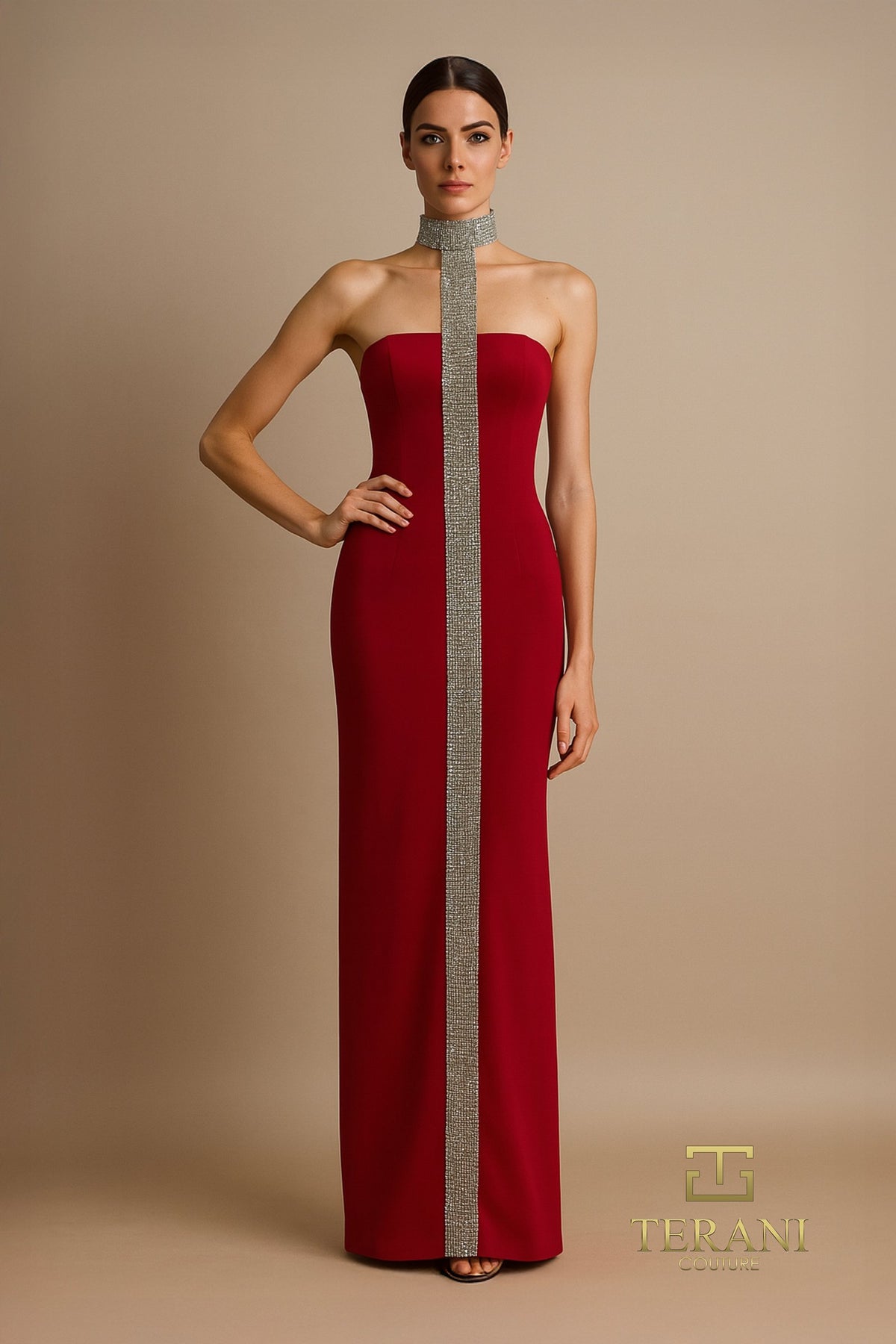 Terani - 261E6119 - Scuba Sheath Gown with Crystal Choker Detail