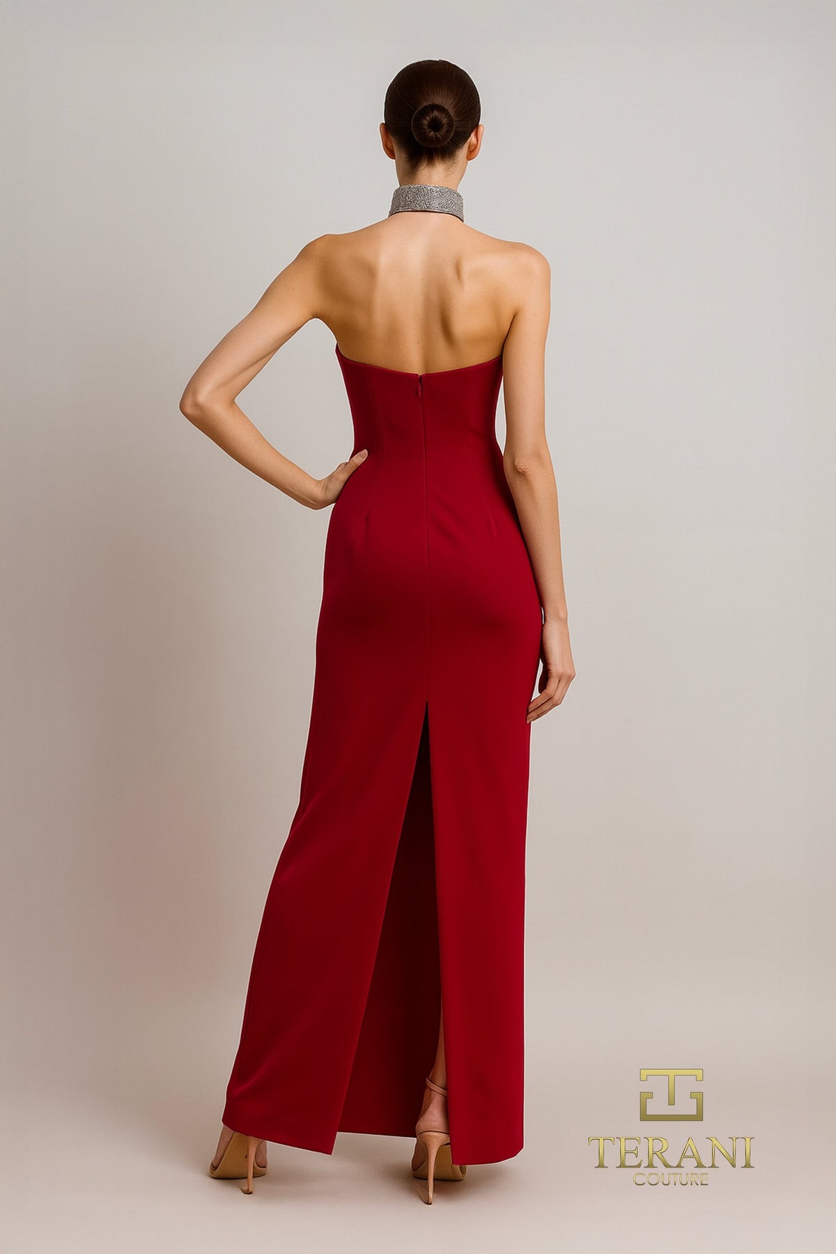 Terani - 261E6119 - Scuba Sheath Gown with Crystal Choker Detail