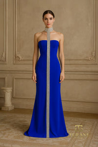 Terani - 261E6119 - Scuba Sheath Gown with Crystal Choker Detail