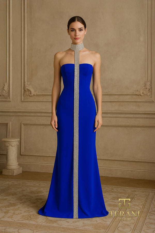 Terani - 261E6119 - Scuba Sheath Gown with Crystal Choker Detail