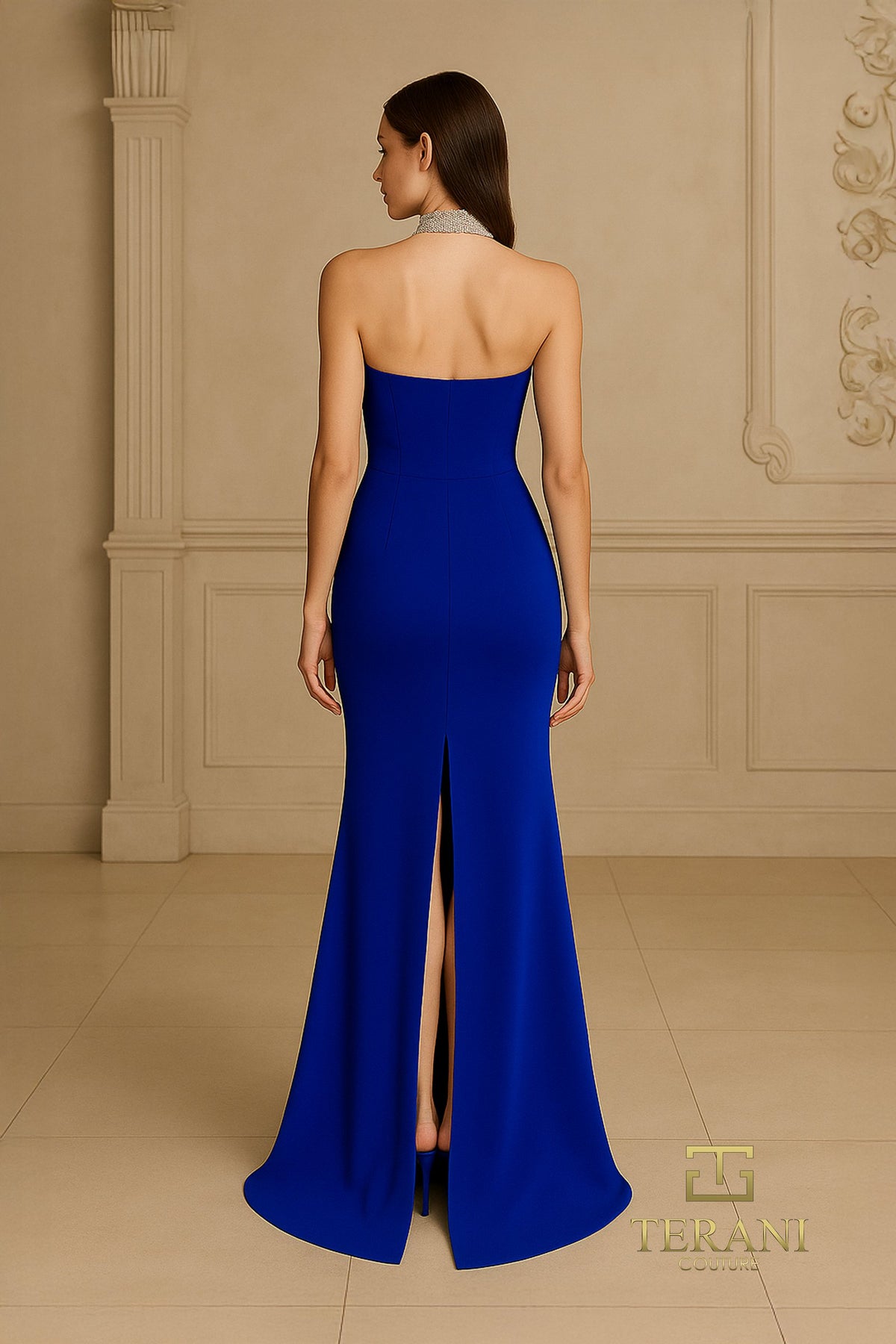 Terani - 261E6119 - Scuba Sheath Gown with Crystal Choker Detail