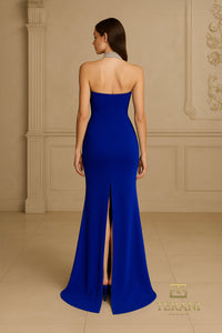 Terani - 261E6119 - Scuba Sheath Gown with Crystal Choker Detail