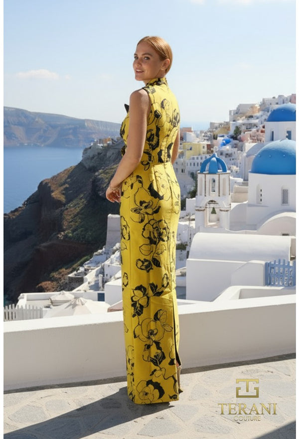 Woman in a yellow floral dress standing in front of a scenic view with blue domes.