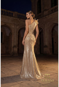 Model wearing Terani 262E7062 one-shoulder evening gown with embellished appliqués, floral accents, high slit, and a fitted floor-length silhouette.
