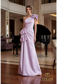 Woman in a lavender evening gown with ruffles in a elegant interior setting, featuring a grand piano.