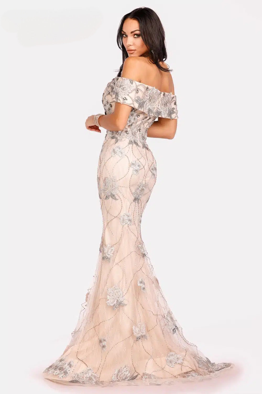 Terani Couture 231GL0416 Champagne Evening Dress - Off-Shoulder sweetheart neckline, mermaid train, embroidered floral motifs.