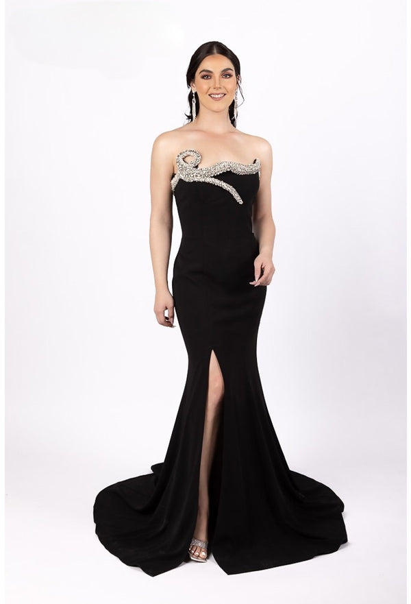 Terani Couture 232E1296 Elegant Trumpet/Mermaid Evening Gown - A sophisticated gown with a 3D beaded neckline and knee slit, perfect for formal evening occasions.