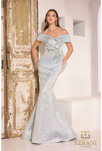 Model wearing Terani Couture 241M2771 off-the-shoulder beaded trumpet gown with fitted bodice and elegant flared skirt in light blue front view.