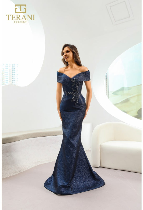 Model wearing Terani Couture 241M2771 off-the-shoulder beaded trumpet gown with fitted bodice and elegant flared skirt.