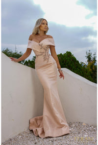 Model wearing Terani Couture 241M2771 off-the-shoulder beaded trumpet gown with fitted bodice and elegant flared skirt in rose pink.