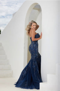 Terani Couture 241P2219 Sleeveless Beaded Trumpet Evening Gown - A sophisticated evening gown with a sleeveless trumpet silhouette, beaded detailing on tulle, a sweetheart neckline, and a long dress for a timeless and glamorous look. This is a picture of the dress in Navy.