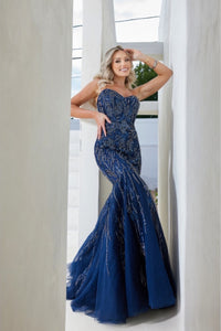 Terani Couture 241P2219 Sleeveless Beaded Trumpet Evening Gown - A sophisticated evening gown with a sleeveless trumpet silhouette, beaded detailing on tulle, a sweetheart neckline, and a long dress for a timeless and glamorous look. This is a picture of the dress in Navy.