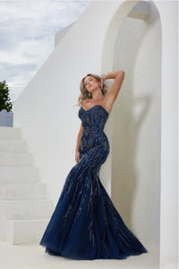 Terani Couture 241P2219 Sleeveless Beaded Trumpet Evening Gown - A sophisticated evening gown with a sleeveless trumpet silhouette, beaded detailing on tulle, a sweetheart neckline, and a long dress for a timeless and glamorous look. This is a picture of the dress in Navy.
