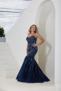 Terani Couture 241P2219 Sleeveless Beaded Trumpet Evening Gown - A sophisticated evening gown with a sleeveless trumpet silhouette, beaded detailing on tulle, a sweetheart neckline, and a long dress for a timeless and glamorous look. This is a picture of the dress in Navy.
