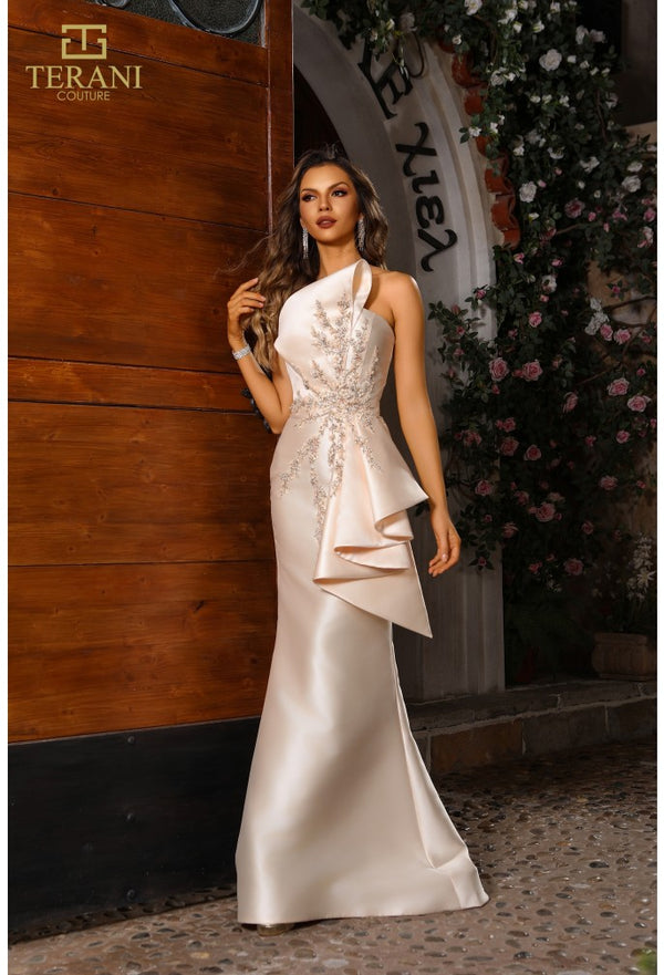 Model wearing Terani Couture 251E4265 off-shoulder pleated gown with fitted silhouette and high slit, perfect for gala, red carpet, or formal evening event.
