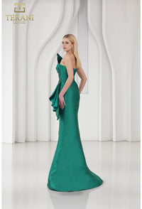 Model wearing Terani Couture 251E4265 off-shoulder pleated gown with fitted silhouette and high slit, perfect for gala, red carpet, or formal evening event.