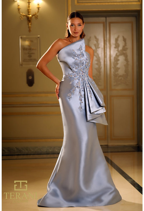 Model wearing Terani Couture 251E4265 off-shoulder pleated gown with fitted silhouette and high slit, perfect for gala, red carpet, or formal evening event.