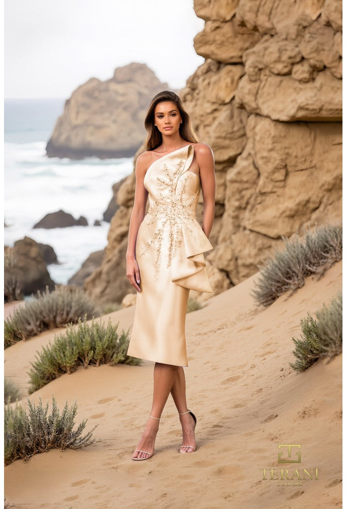 Model wearing Terani Couture 252C5032 one-shoulder floral embroidered gown with ruffle accent in fitted silhouette.