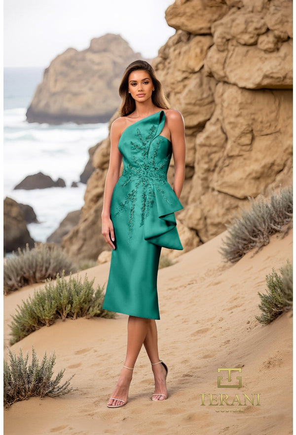 Model wearing Terani Couture 252C5032 one-shoulder floral embroidered gown with ruffle accent in fitted silhouette.