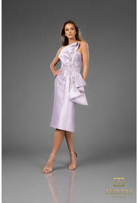 Model wearing Terani Couture 252C5032 one-shoulder floral embroidered gown with ruffle accent in fitted silhouette.