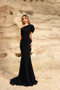 Terani Couture - 252E5514 - Fit and Flare Gown with One-Shoulder Draped Detail