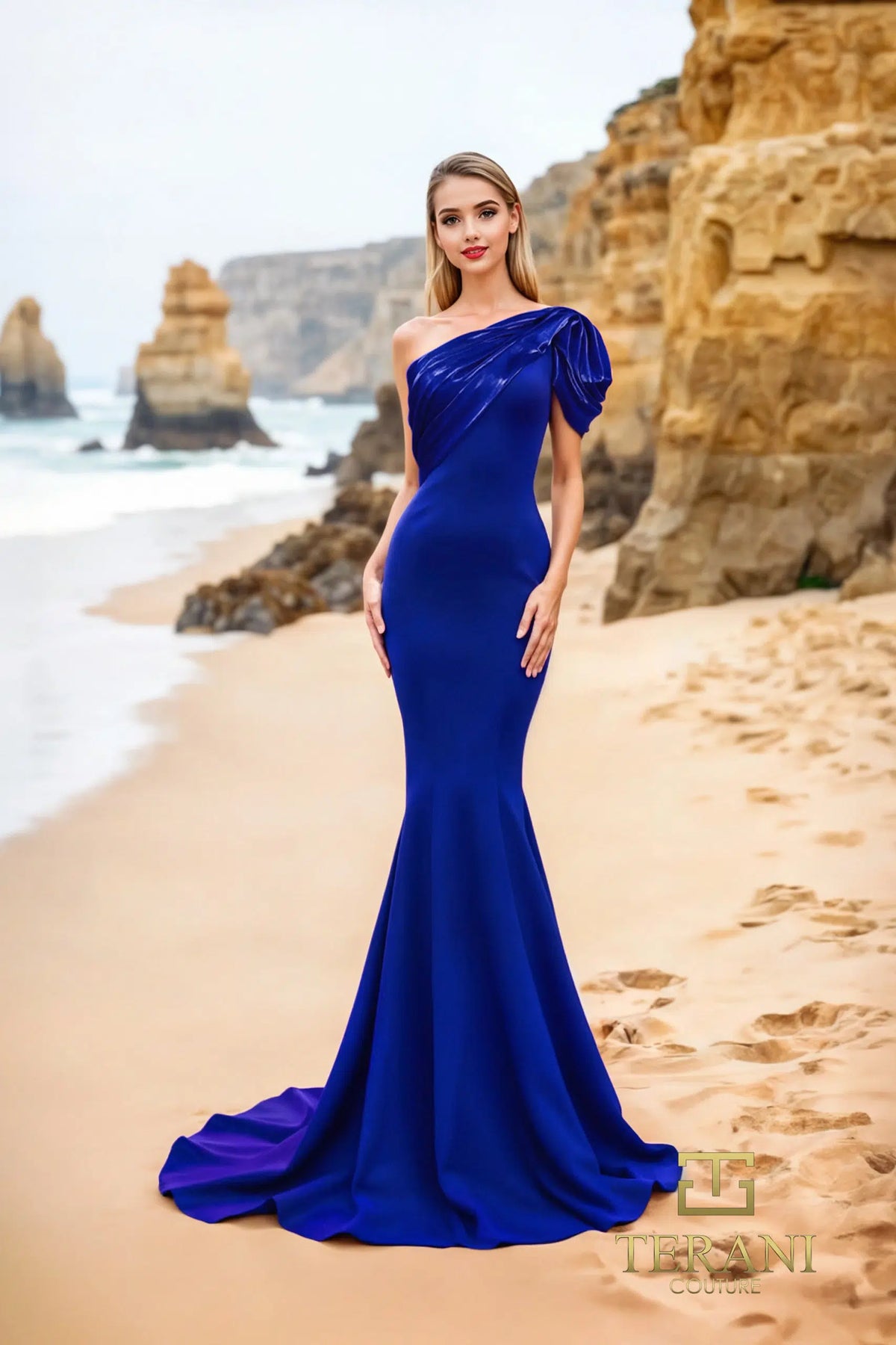 Terani Couture - 252E5514 - Fit and Flare Gown with One-Shoulder Draped Detail